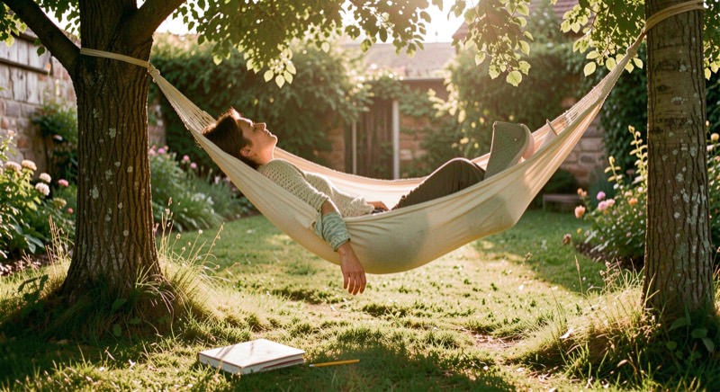 Une personne allongée dans un hamac de coton dans un jardin calme en fin d'après-midi, yeux fermés, un carnet fermé et un crayon posés dans l'herbe.